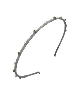 Chic Headband Wrapped in Light Grey Fabric completed with Segregated Pearls and Crystals enveloped in a Gold-Plated Casing