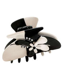 Medium White Hair Claw with Balck Interior and 3D Black and White Floral Embelishment with Crystal Stones