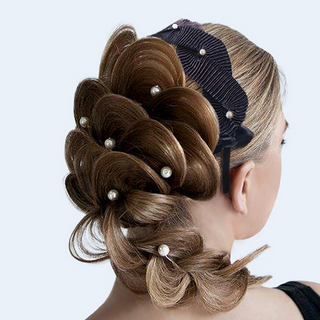Couture Headband in Black with Diamond-Cut Pleated Fabric and Segregated Pearls