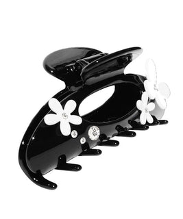 Extra Large Black Maxi Hair Claw with White 3D Floral Embelishments