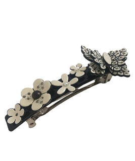 Ivory and Black Barrette with 3D Butterfly and Floral Multi-Dimensional Embelishments with Gold Strass and Pearls