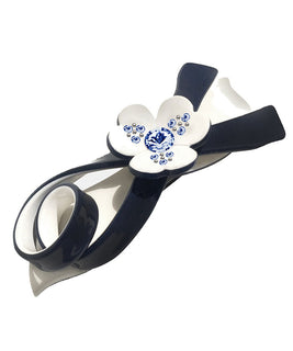 Navy Blue and Ivory Barrette with a Floral Embelishment and Deep Blue Kyanite Gemstones