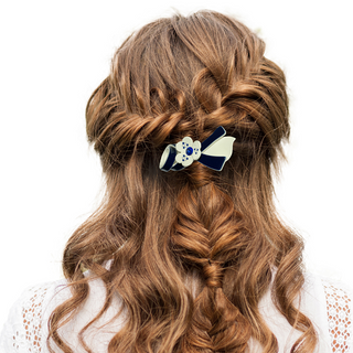 Navy Blue and Ivory Barrette with a Floral Embelishment and Deep Blue Kyanite Gemstones