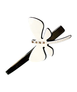 Black Barrette with Ivory Dragonfly Embelishment and Multi-Toned Crystals