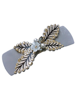 Grey Barrette with Golden Leaf Design with Citrine Zircons finished off with a 3D Floral Embelishment and Pearls