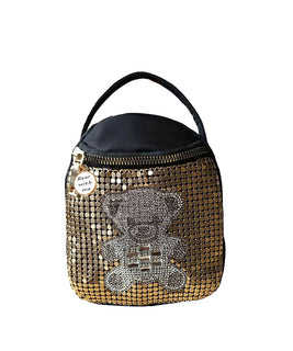 Small Faux Leather Backpack, Complete with a Gold Sequinned anterior with Teddy Bear Design and Gold Detailing