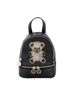 Large Faux Leather Backpack, Complete with a Black Sequinned anterior with a Gold Teddy Bear Design, finished with Gold Detailing