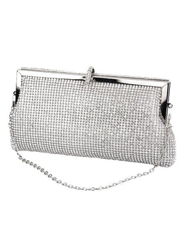 Swarovski Crystal Clutch in SIlver with a Sharp Silver Frame and Hook Clasp