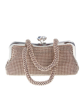 Deep Gold Beaded Clutch with Gold-Plated Frame and Reflective Mirror Clasp
