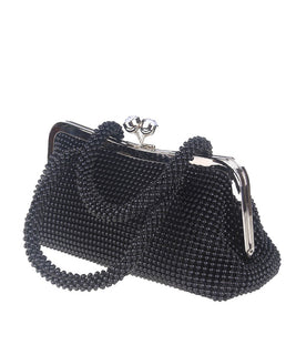 Black Beaded Clutch with Silver Frame and Reflective Mirror Clasp