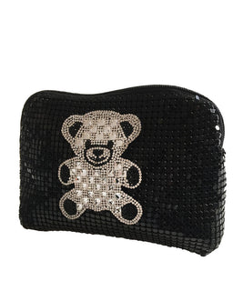 Black Sequninned Pochette with Silver Teddy Bear Design (19cm x 6cm x 14cm)
