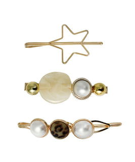 Set of 3 Gold Plated Hair Pins with an Opaque Opal Gemstone, finished off with Semi-Circled Pearls and a Leoporad Print Embelishment