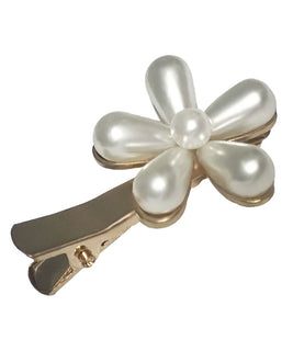 Small Gold Plated 3D Floral Design Hair Clip with Pearl Finishing