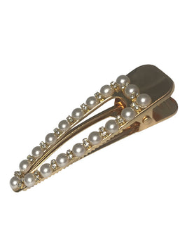 Large Gold Plated Hair Clip with Crystal and Pearl Embelishments
