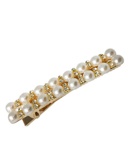 Gold Plated Rectangular Hair Clip with Crystal and Pearl Embelishments