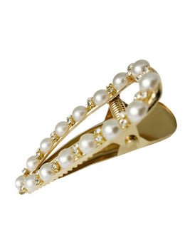 Medium Gold Plated Hair Clip with Crystal and Pearl Embelishments