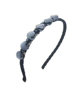 Chic Velvet Presidential Blue Headband with Segregated Disc Shaped Appliqué and Silver Plated Spherical Beading