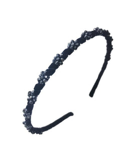 Chic Velvet Presidential Blue Headband with Segregated Appliqué Floral Beading
