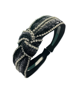 Ottaman Style Black and Silver Evening Headdress with Top Knot, Complete with Crystal Embelishments