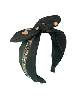Black Fabric Headband with Orange Polkadotted Top Bow and finshed with a Sequined Cross-Band - by Moliabal