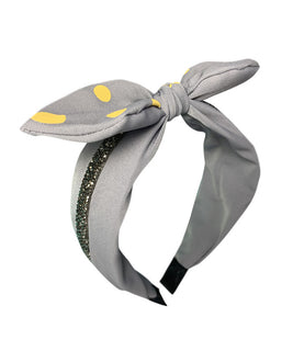 Grey Fabric Headband with Yellow Polkadotted Top Bow and finshed with a Sequined Cross-Band