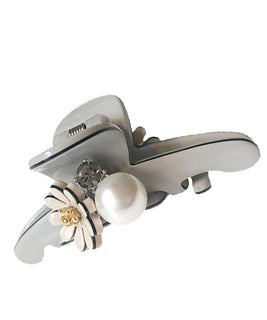 Small Grey Hair Claw with a Large Pearl and 3D Floral Embelishments