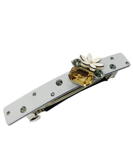 Grey Rectangular Barrette with a Centralized Citrine Quartz Gemstone with Multi-Dimensional Crystals and a 3D Floral Ivory Embelishment