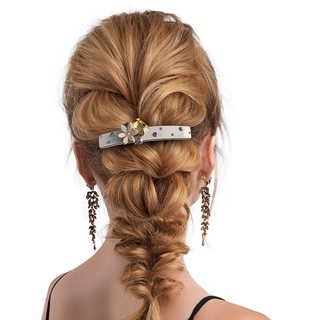Grey Rectangular Barrette with a Centralized Citrine Quartz Gemstone with Multi-Dimensional Crystals and a 3D Floral Ivory Embelishment