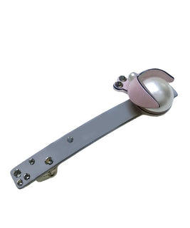 Grey Rectangular Barrette with a Large Pearl Embelishment partially enveloped with a Gloss Pink shell embelished with crystals and a pearl