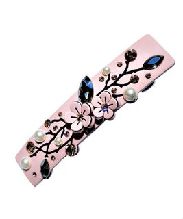 Light Pink Barrette with Floral and Leafy Embellishments completed with Pearls and Crystalss