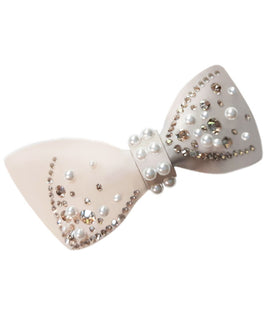 Couture Barrette in Nude, Bow Design, with Multi-Dimensional Gold Strass and Pearl Embelishments