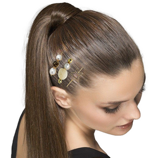 Set of 3 Gold Plated Hair Pins with an Opaque Opal Gemstone, finished off with Semi-Circled Pearls and a Leoporad Print Embelishment