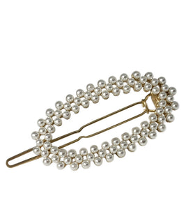 Gold Plated Oval Shaped Hair Pin with Triple Row Pearl Embelishments