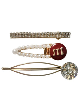 Set of 3 Gold Plated Hair Pins with Pearl, Crystal and Marble Embelishments