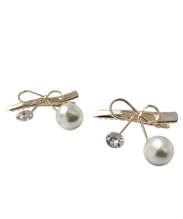 Set of 2 Gold Plated Hair Clips with Large Pearl and Crystal Embelishments and Bow Finishing