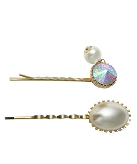 Set of 2 Gold Plated Hair Pins with Pearl and Mirrored Crystal Embelishments