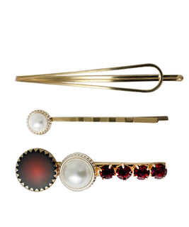 Set of 3 Gold Plated Hair Pins with Red Garnet Gemstones and Pearl Embelishments