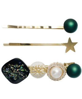 Set of 3 Gold Plated Hair Pins with a Melanite Garnet Gemstone with Iredescent Flecks, finished off with a Pearl and Multidemensional Coloured Embelishments