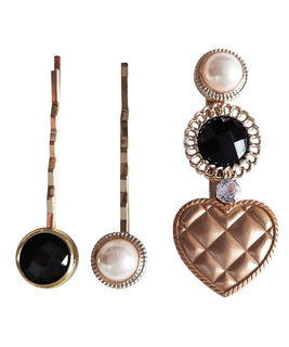Set of 3 Gold Plated Hair Pins with Melanite Garnet Gemstones, finished off with Pearls and a Heart Shaped Quilted Print Embelishment